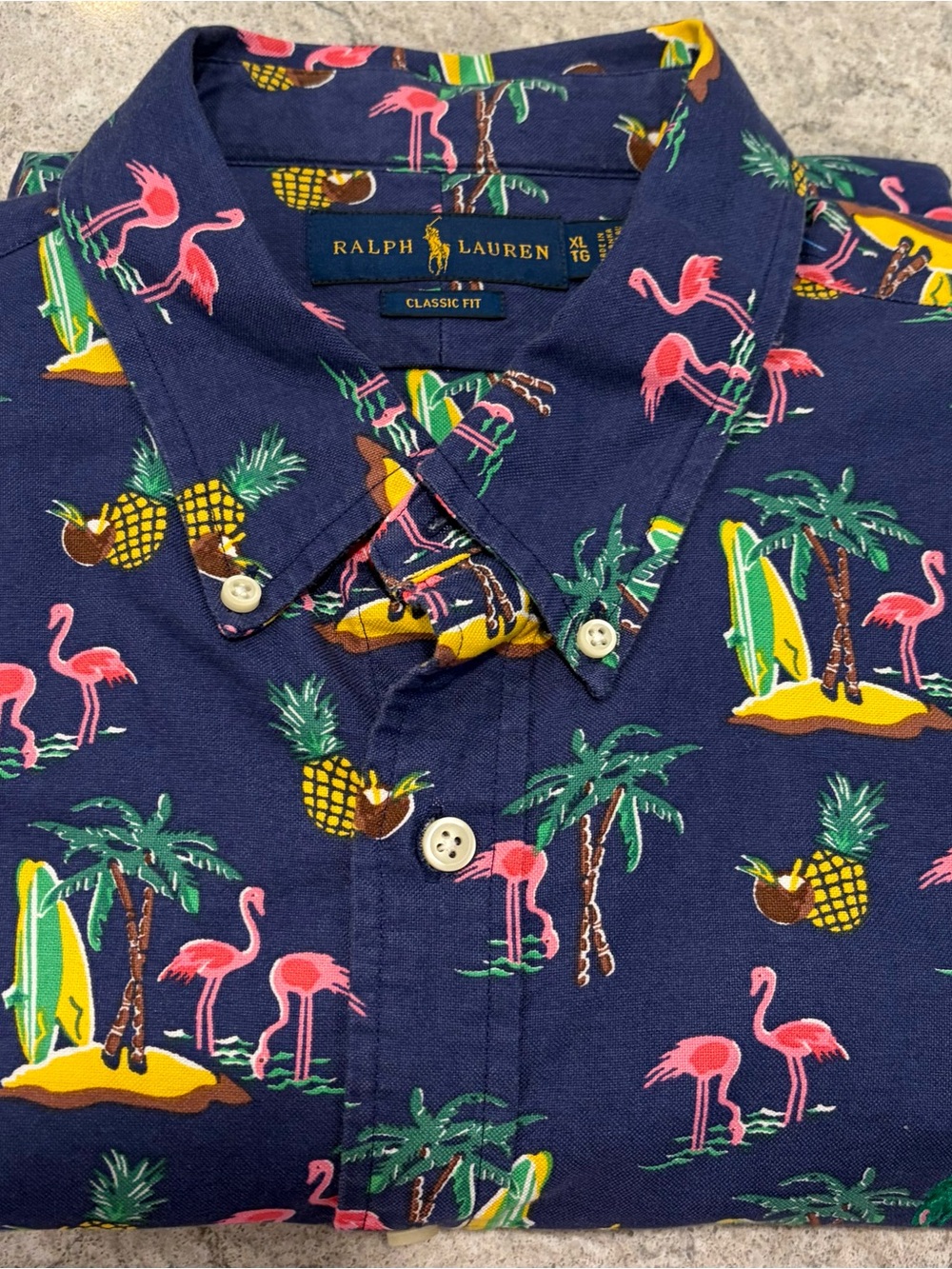 Ralph Lauren Classic Fit Navy Flamingo & Pineapple Hawaiian Shirt-XL
